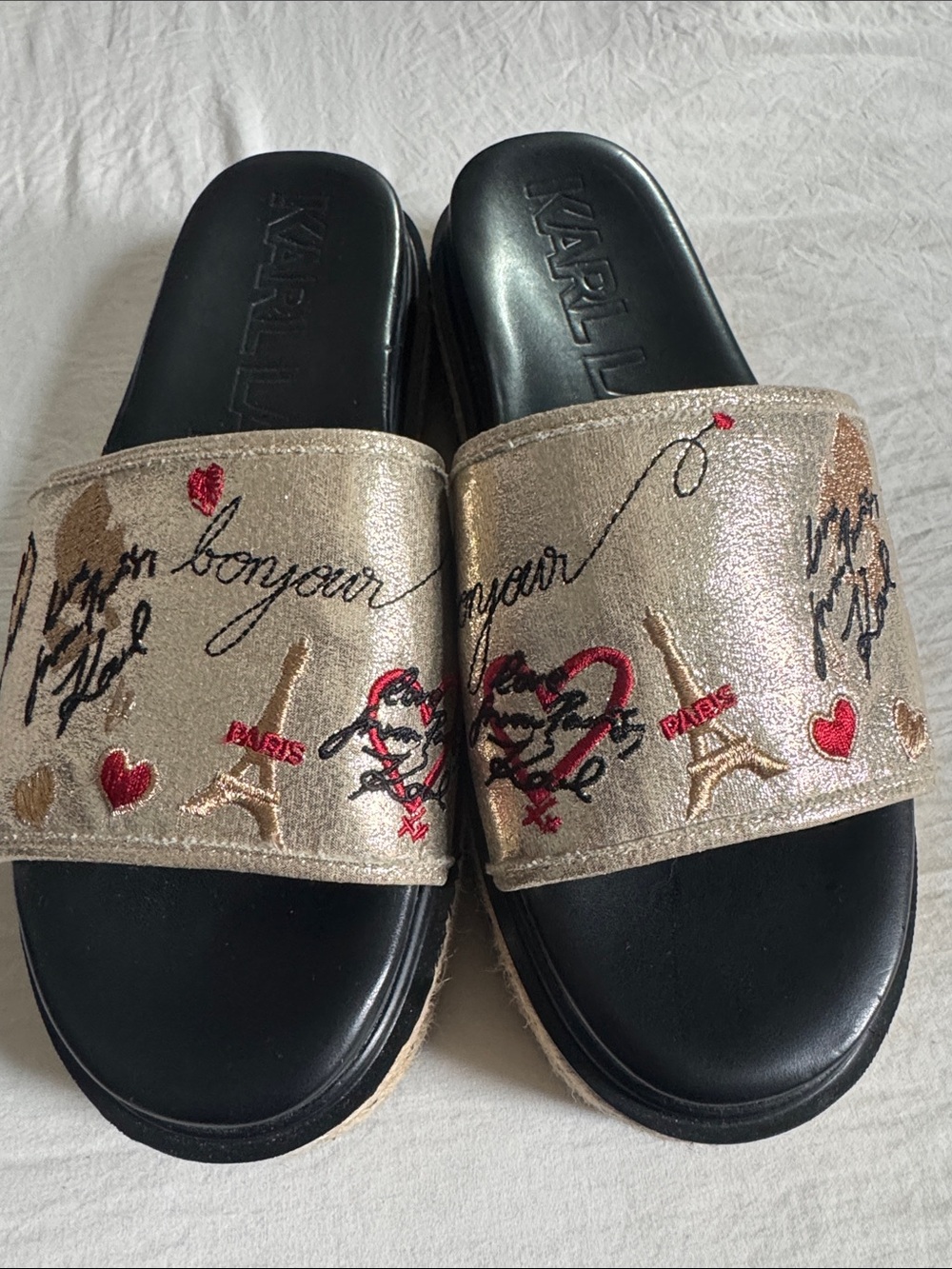 Karl Lagerfeld Gold Embroidered Slide Sandals - Gold/Black